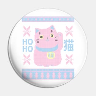 Pastel Pink and Blue Japanese Cat Maneki Neko Kawaii Ugly Christmas Sweater Design Pin