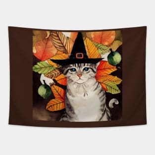 Cat in witch hat Halloween Tapestry