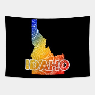 Colorful mandala art map of Idaho with text in blue, yellow, and red Tapestry