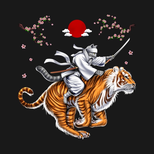 Japanese Cat Samurai Ninja Riding Tiger by underheaven