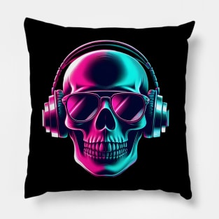 Skull head with a pair of headphones and sunglasses Pillow