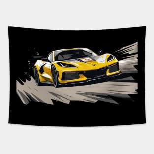 Accelerate Yellow Corvette C8 racecar on a race track Supercar Sports car Racing car Tapestry