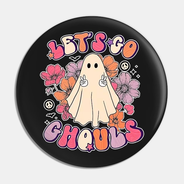 Let's Go Ghouls Halloween Ghost Outfit Costume Retro Groovy Pin by masterpiecesai