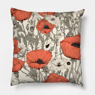 Red Poppy Flower Pattern - Wildflower Illustration Pillow