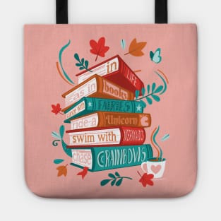 In life as in books dance with fairies, ride a unicorn, swim with mermaids, chase rainbows motivational quote // spot //sundown pink background red orange and green books Tote