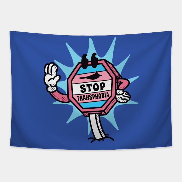 Retro Cartoon Sign Stop Transphobia // Trans Rights Are Human Rights Tapestry by Now Boarding