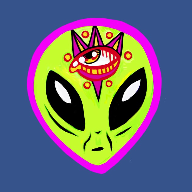 Colorful Three Eyed Alien  Head Illustration by CatsandBats