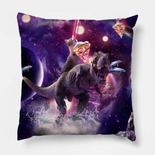 Rainbow Laser Space Cat On Dinosaur Eating Pizza Pillow