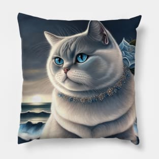 British Shorthair With A Blue Rose Pillow