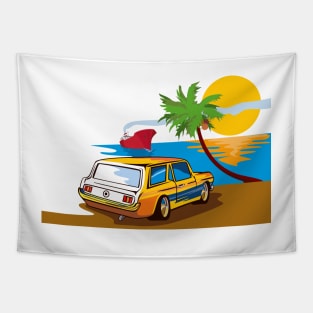 Vintage Station Wagon on Beach Retro Tapestry