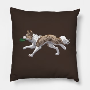 Running Red lilac Merle Border Collie with Frisbee Pillow