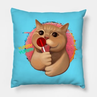 Cat with lollipop yummy (in blue) Pillow