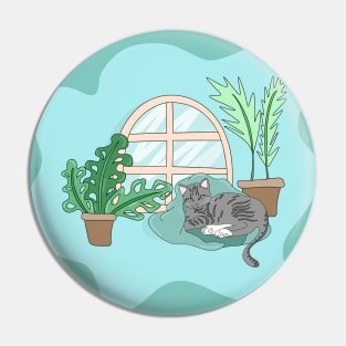 Cozy Gray Cat with Blanket in Front of Arched Window with Plants, Made by EndlessEmporium Pin