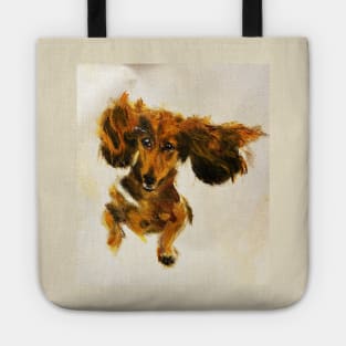 Puppy in the sand dachshund Tote