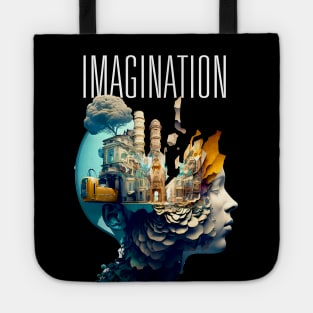 Imagination: Where Wonders Are Born -- A digital illustration of a young person's mind and imagining thru the wonderment of their imagination with the word "Imagine" above on a Dark Background Tote