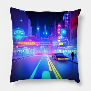 Ai Generated Art Scenery - Futuristic City Street With Shops And Neon Lighting Pillow