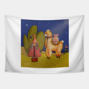 Lady Gnome leading llama through the night Tapestry