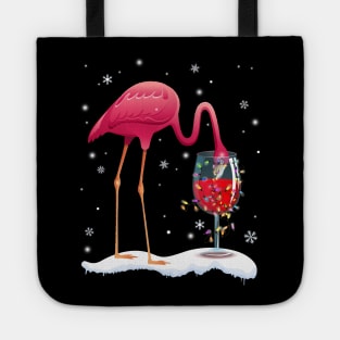 Funny Pink Flamingo Drink Wine On Christmas Xmas Gift Tote