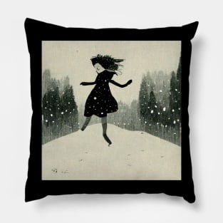 Girl excited and playing in the snow as the flakes begin to fall. Pillow