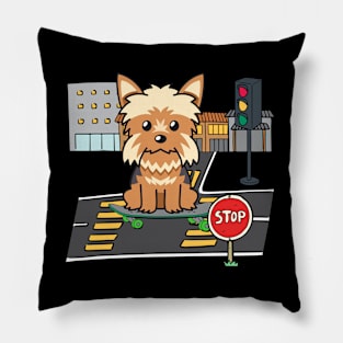 Funny yorkshire terrier is on a skateboard Pillow