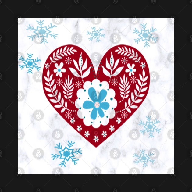 Winter Scandinavian Design, Teal & Red on White Background Cute Simple Nordic Heart and Snowflakes by tamdevo1