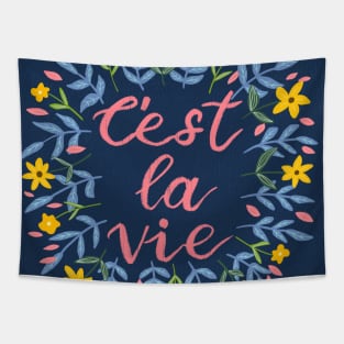 C'est La Vie Indigo | Floral Wreath | Quote Tapestry