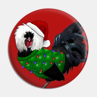 Black Polish Rooster In An Ugly Christmas Sweater And Santa Hat With Gift Pin