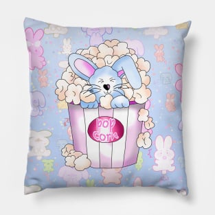 cute blue bunny rabbit in a pot of popcorn on a blue background Pillow