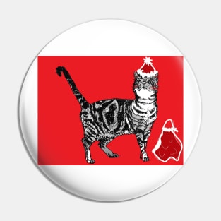 Santa Paws Tabby Cat Christmas Drawing Red Pin