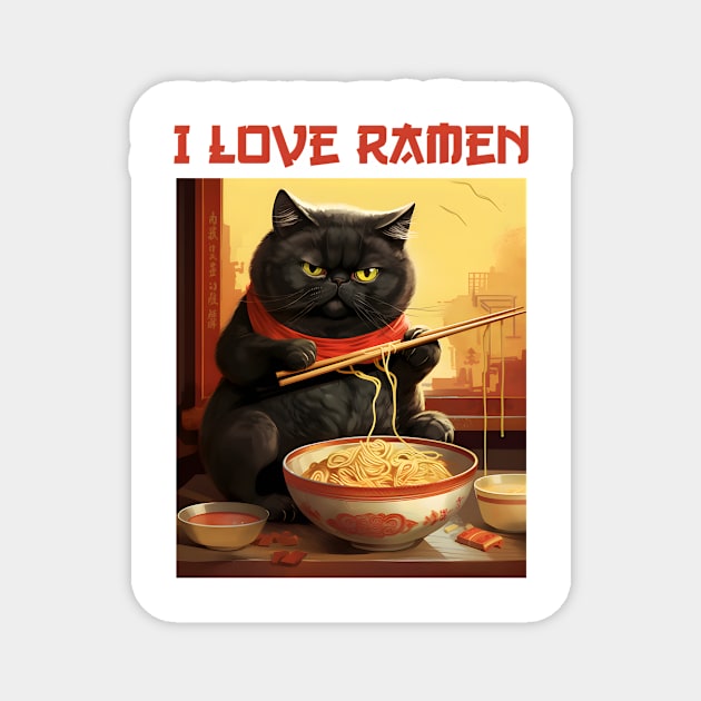 Quirky Chubby Kitty Cat Eating Ramen - I Love Ramen Magnet by KittyStampedeCo