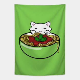 Hungry cat eating pasta Tapestry