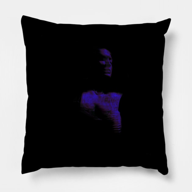 Portrait, digital collage, special processing. Beautiful girl in dark place. Breasts in bra. Violet and blue. Pillow by 234TeeUser234