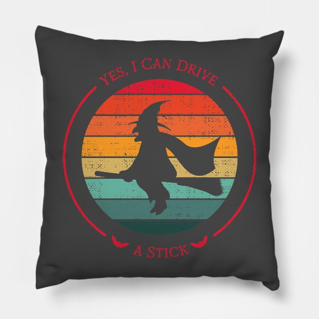 Yes, I Can Drive a Stick .Witch Flying. Halloween. Pillow by lakokakr