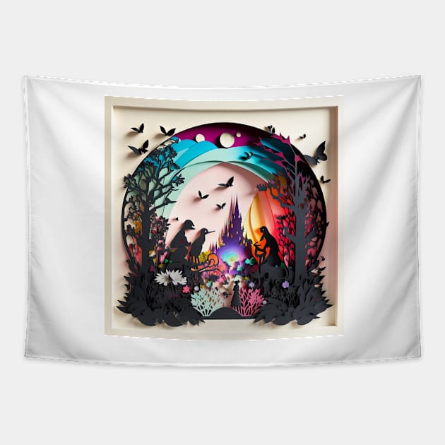 3D Effect Papercut Art - Fairytale Scene Tapestry by TheArtfulAI