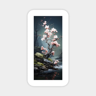 Bonsai tree blossoming with pink flowers near waterfall Magnet