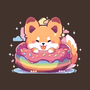 Pride Month Kawaii Corgi with Donut Pixel Art T-Shirt