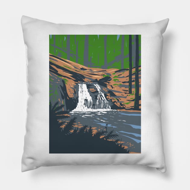 Rustic Falls on Cascade Creek in Moran State Park Washington State WPA Poster Art Pillow by retrovectors