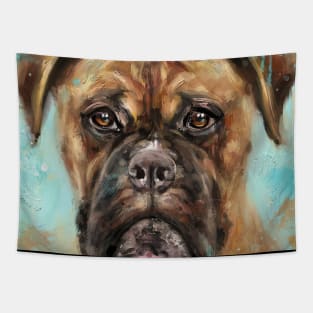 Expressive Painting of a Brown Coated Boxer Dog on Light Blue Background Tapestry