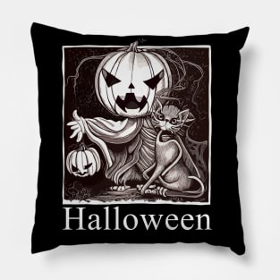 Pumpkin face scary with skeleton cat, cute Halloween in dark atmosphere Pillow