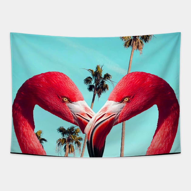 Cute Colorful Flamingo Palm Tree Tapestry by Random Galaxy