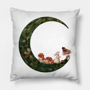 Spring Moon Cottagecore water color Mushrooms Forest White Rabbit and Baby Mouse Pillow