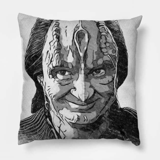 Space Murder LIzard Spy Smirking Black and White Ink and Charcoal Pillow by OrionLodubyal