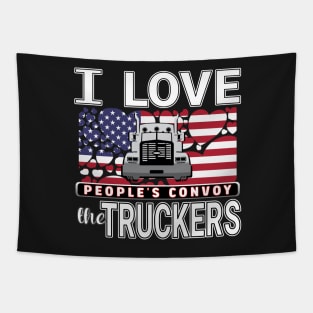 I LOVE THE TRUCKERS - PEOPLES CONVOY USA FLAG OF HEARTS WHITE LETTERS Tapestry