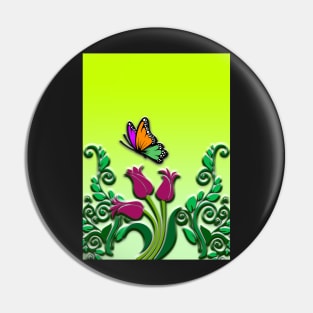 Tulips Flowers and Butterfly - Floral Art with 3D Effect Pin