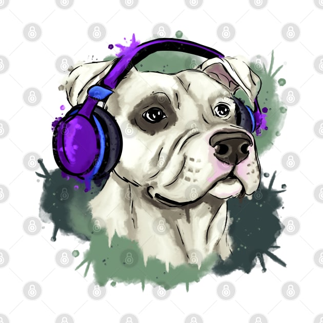 Cute, Dogo Argentino with headphones by Antiope