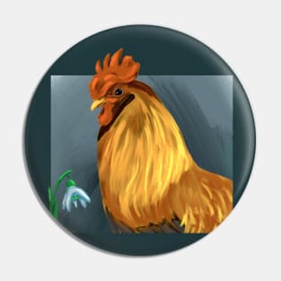 Rooster and snowdrop flower Pin