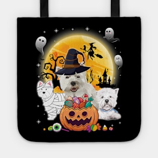 Westie Dog Mummy Witch Moon Ghosts Happy Halloween Thanksgiving Merry Christmas Day Tote