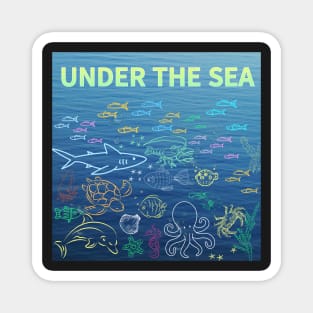 under the sea,blue sea,sea creatures,Turtle, puffer fish, starfish, shrimp, shark, tropical fish, sea horse, seaweed, sardines, squid, crabs, clams Magnet