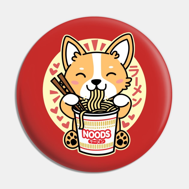 Corgi Eating Instant Noodles Cute Kawaii Dog Pin by DetourShirts