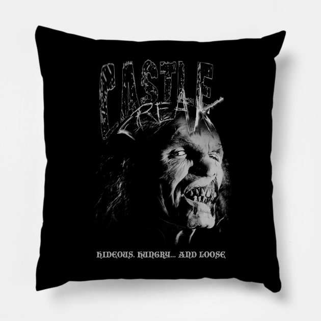 Castle Freak, Classic Horror (Black & White) Pillow by The Dark Vestiary